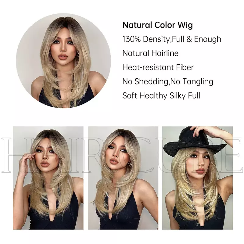 Fashion long Ombre Octagonal bangs mix black gradient light gold straight  Women’s party wig