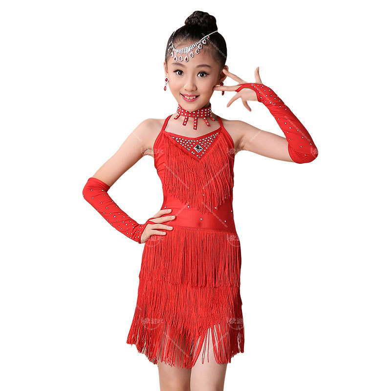 Vestido de dança latina lantejoulas para meninas, fantasia de dança franja vermelha, performance de borla infantil