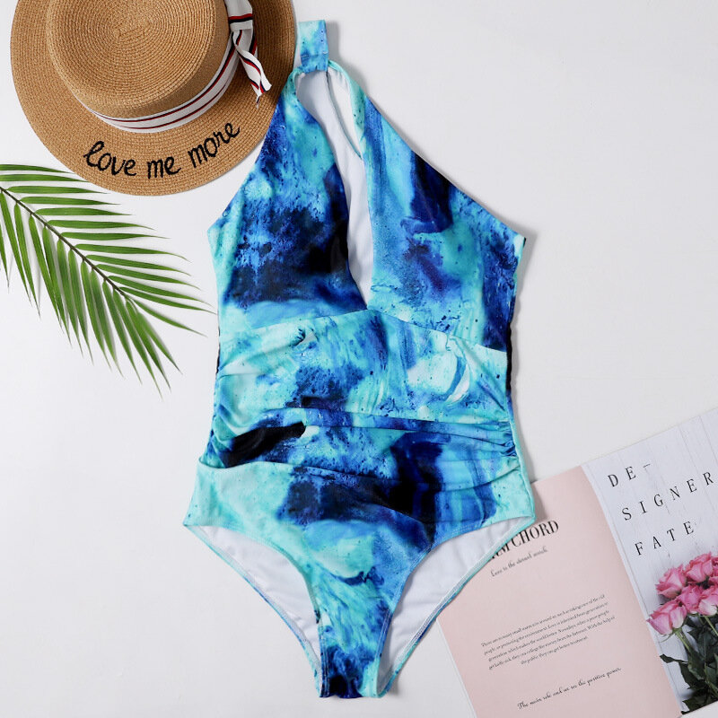 2024 New Summer Swimsuit One-Shoulder Printing Slim One-Piece Triangle Europe and America Conservative Covering Belly Foreign Tr