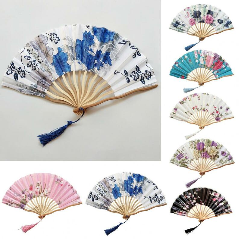 Kipas tangan gaya Jepang, kipas lipat tari pesta motif bunga, pertunjukan panggung Vintage rumbai gaya Jepang