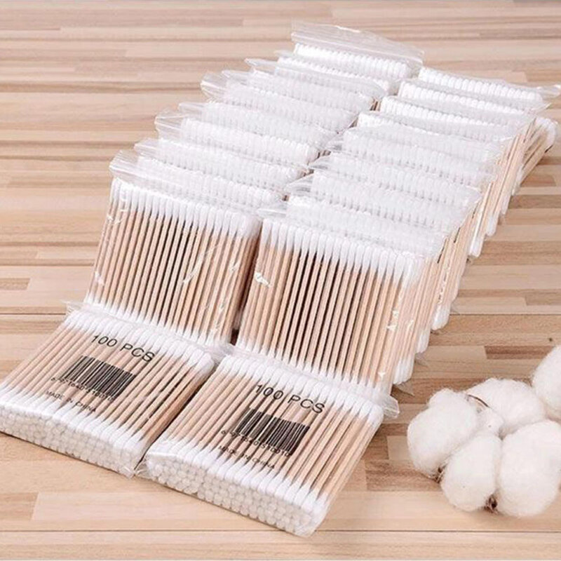 100 pces descartáveis cotonetes de algodão de cabeça dupla varas de madeira gomos de algodão médicos dicas para orelhas de nariz limpeza ferramentas de cuidados de saúde
