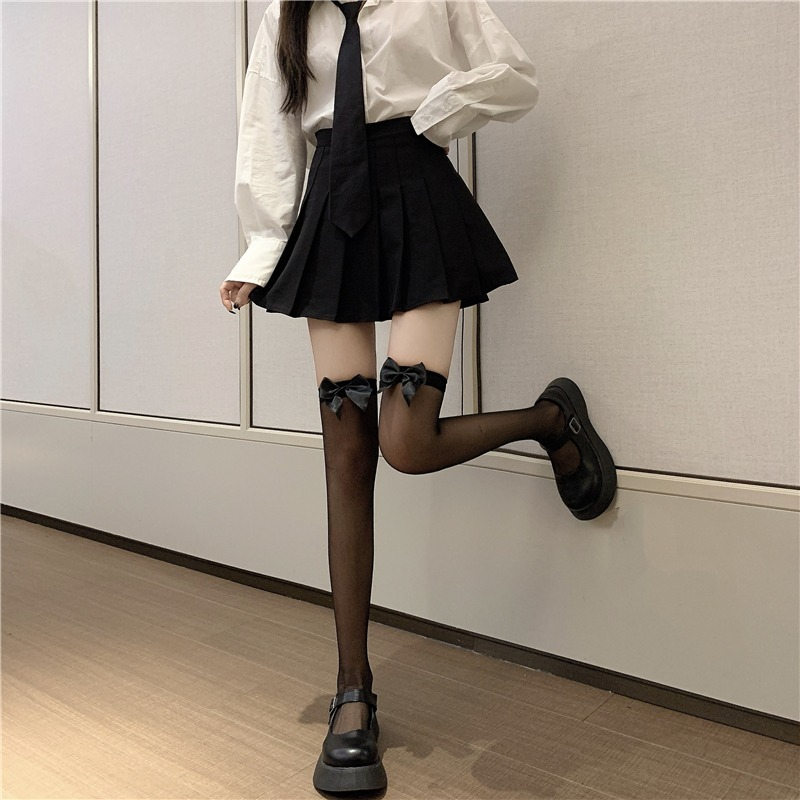 Stoking Sutra Wanita Ultratipis Kaus Kaki Ikatan Simpul Lolita JK Tinggi Selutut Hitam Putih Musim Panas Musim Gugur Kaki Kurus Panjang Seksi Nilon Socking