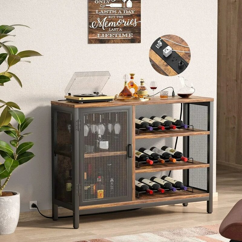 خزانة بار نبيذ مع منافذ طاقة ، خزانة مزرعة مع رفوف نبيذ قابلة للإزالة ، بني ريفي ، نظارات خمور