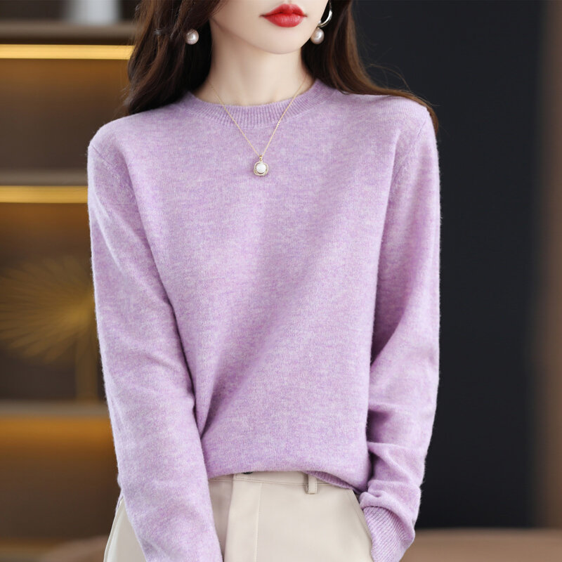 Suéter de cuello redondo para mujer, Jersey de punto de lana pura de sección delgada, Top de manga larga de estilo exterior, 100