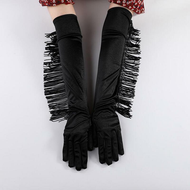 1 paio di guanti da prestazione solido antiscivolo moda latino Nylon accessorio popolare elastico lungo frangia nappa guanti per il palcoscenico