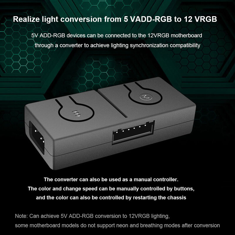 ARGB Luz Fan Converter, RGB Conversor, 3-Way Splitter, 5V, 3Pin ADD-RGB a 12V, 4Pin Adaptador, Sync 50 Modos de Cor