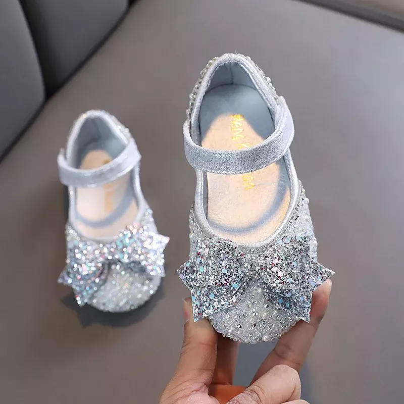 Children's Sequins Leather Shoes 2024 Spring Girls Bow Rhinestone Princess Shoes Kids Pearl Soft Bottom Flat Shoes H533