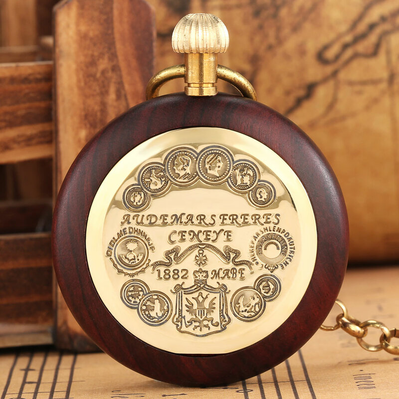Red Wood Metal Watch Case Automatic Mechanical Pocket Clock Rose Gold Roman Numerals Dial Open Face Type Pendant Timepiece Gift