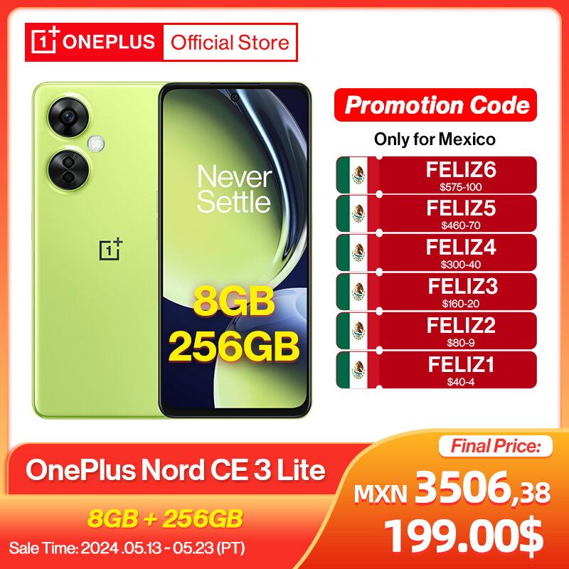 OnePlus Nord CE 3 Lite 글로벌 버전, 5G, 8GB, 256GB, 108MP 카메라, SUPERVOOC, 67W 충전, 5000mAh 배터리, NFC
