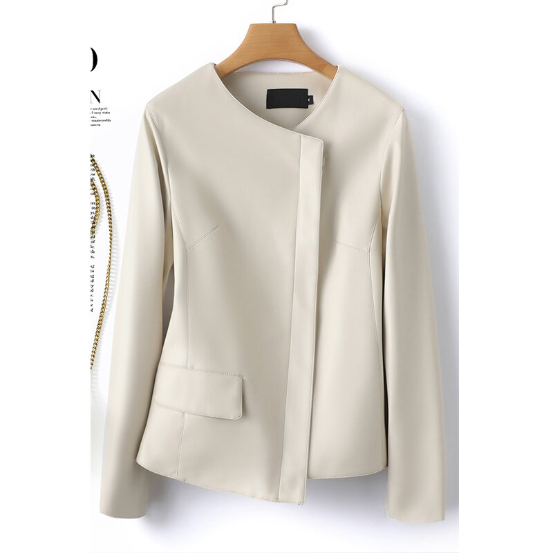 Женская Асимметричная куртка на молнии, повседневная Бежевая облегающая куртка из натуральной кожи с длинным рукавом, 2023