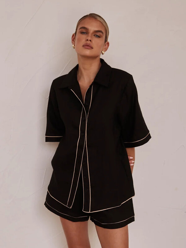 Marthaqiqi Casual Ladies Sleepwear Suit Turn-Down Collar Nightgowns Half Sleeve Nightwear Shorts Cotton Black Female Pajamas Set