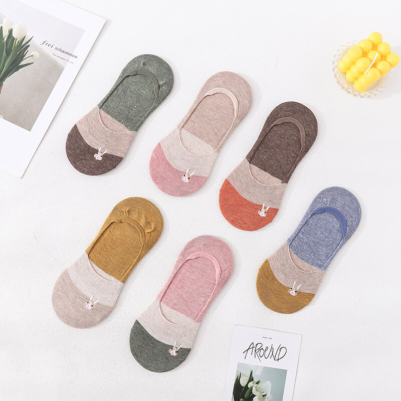 5 Pairs Women Boat Socks Summer High Quality Harajuku Embroidered Cartoon Rabbit Bunny Patchwork Cute Casual Invisible Socks