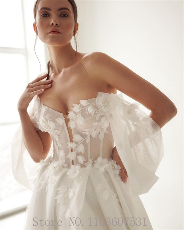 Vestido de noiva com apliques florais e tule, Off-the-ombro, linha A, lado dividido, plissado, vestido de casamento, corte
