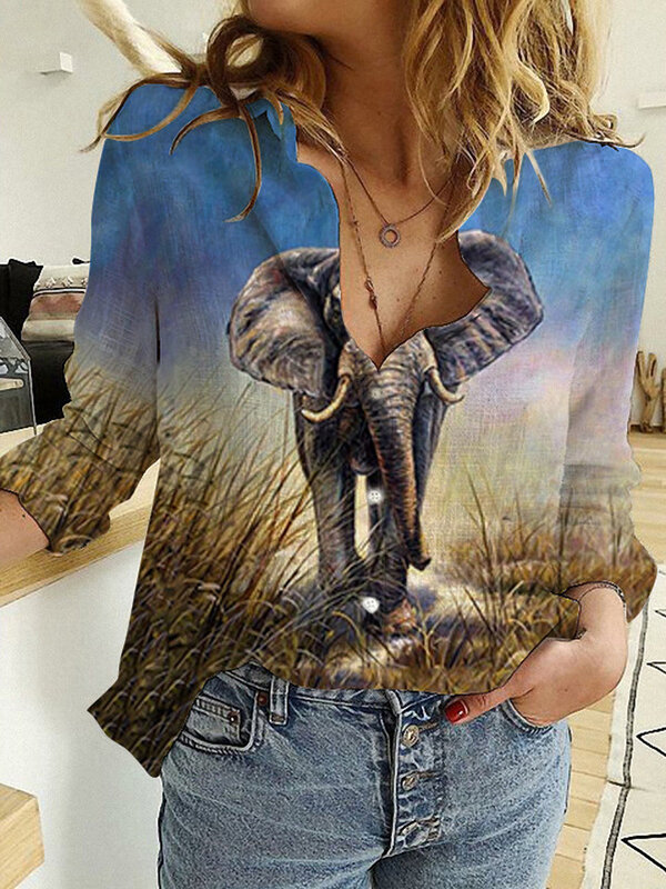 Blusa feminina de gola virada para baixo com estampa 3D manga longa, camisa fina, blusa casual, plus size, 5XL, primavera, outono