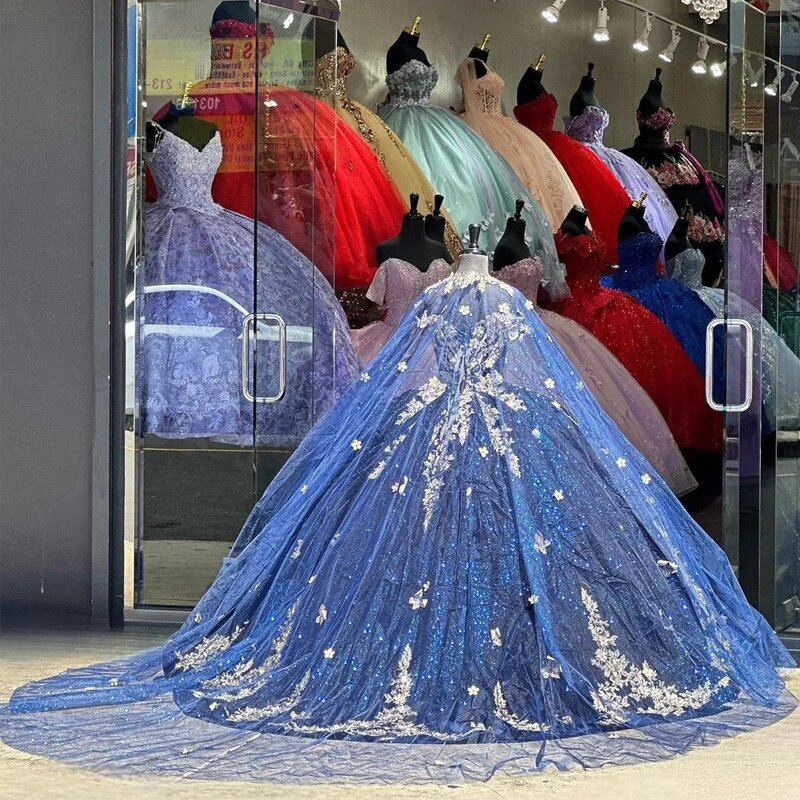 ชุดเดรสเจ้าหญิงสีน้ำเงินสไตล์เม็กซิกันเปิดไหล่ชุดไปงานเต้นรำผ้าทูลล์ตัดเย็บแบบหวาน16ชุด