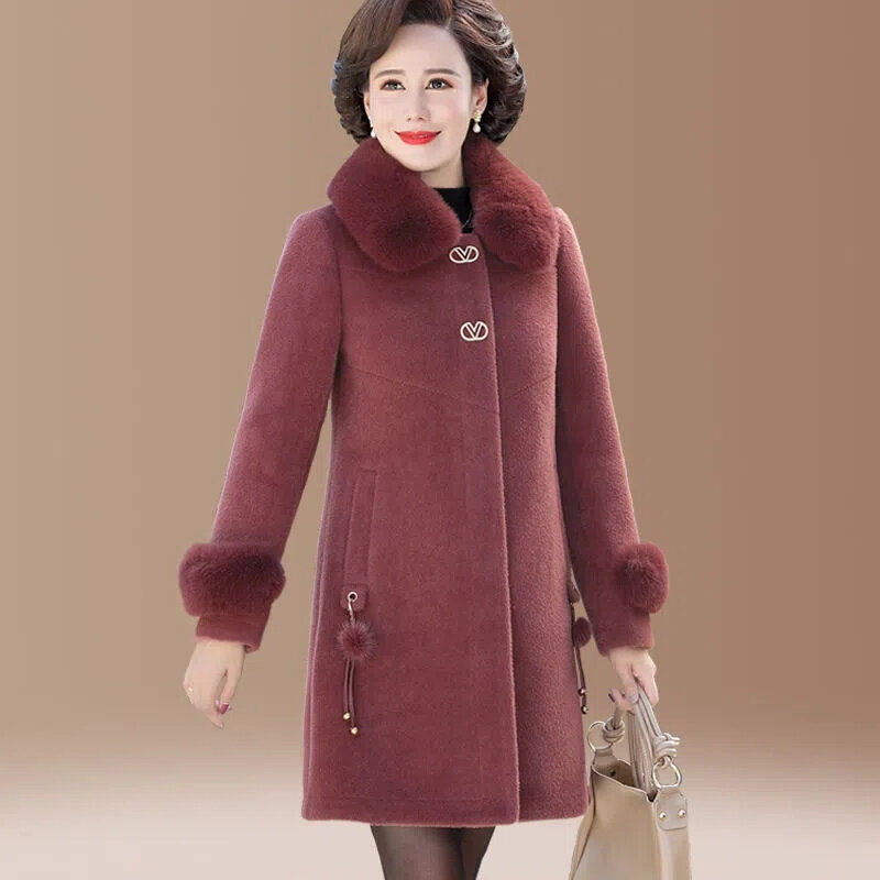 Casaco de pele dupla face feminino, sobretudo quente, jaqueta de inverno, casaco de lã da avó high-end, mulheres de meia idade, novo outwear, 5XL