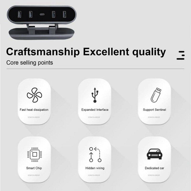 Estación de acoplamiento para Tesla Model 3 Model Y, HUB debajo de la pantalla, 4 adaptadores de derivación USB, cargador, divisor de extensión, piezas de repuesto