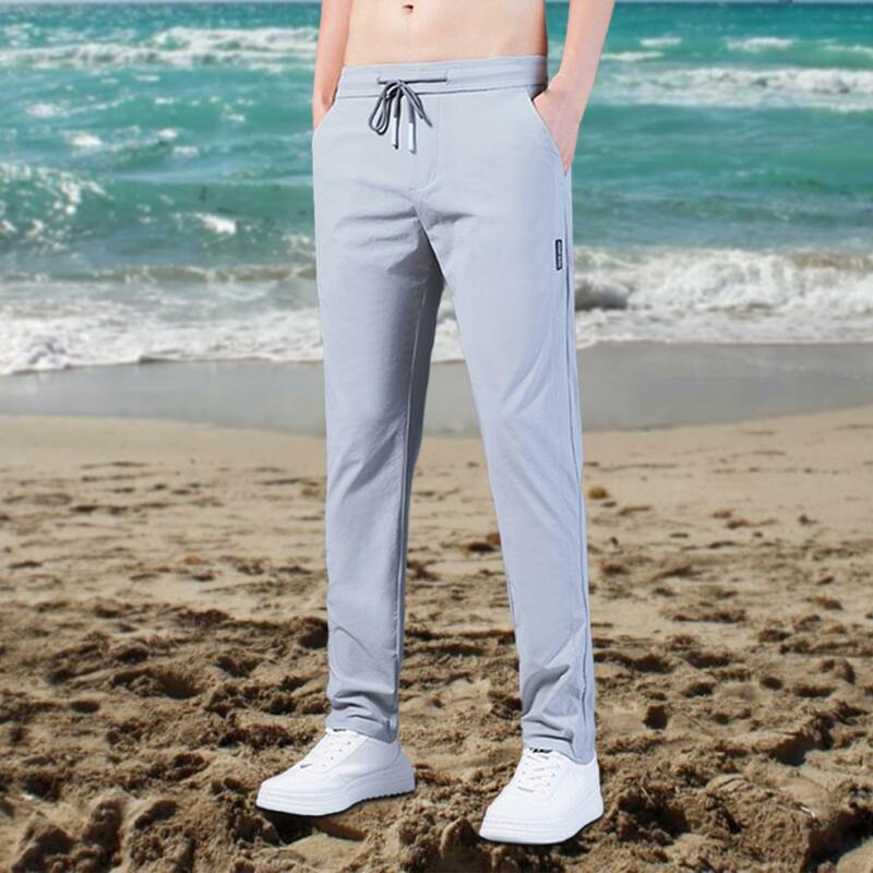 Pantalones informales de talla grande para hombre, pantalón de pierna recta de secado rápido, con cordón, cintura elástica, holgado, largo, color sólido, para exteriores