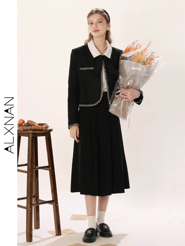 Alxnan Mode High Taille Midi Röcke für Frauen 2024 Sommer lässig A-Linie plissiert schlank lange solide Büro Dame Röcke tm00227