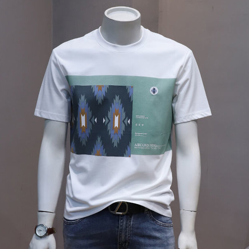 Модная универсальная Асимметричная футболка с принтом и круглым вырезом, Мужская одежда, Новинка Лето 2024, повседневные пуловеры, свободная Корейская футболка