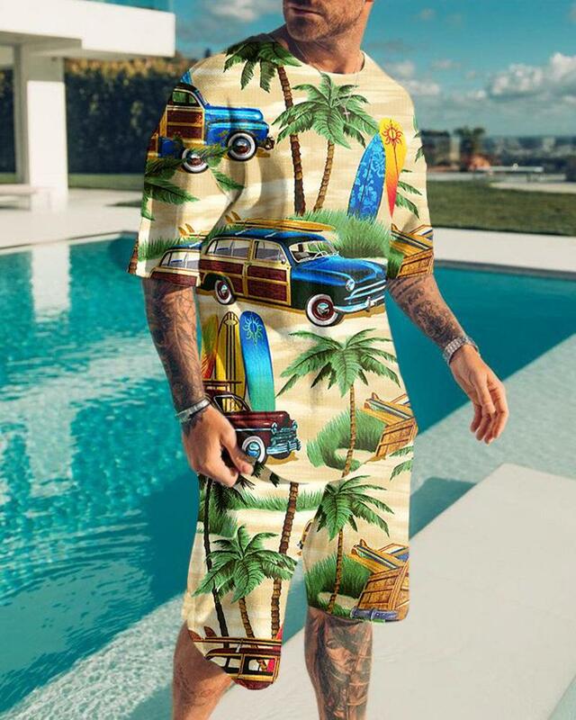 Tuta da uomo hawaiana paesaggio da spiaggia o-collo maniche corte pantaloncini 2 pezzi abbigliamento sportivo t-shirt moda uomo abbigliamento Casual Suit
