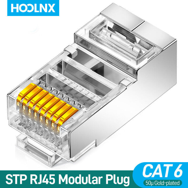 Hoolnx STP RJ45 Connectors, CAT6 Shielded 50μ Gold-Plated 8P8C Lan Modular Plugs Crimp End for Network Ethernet Cable
