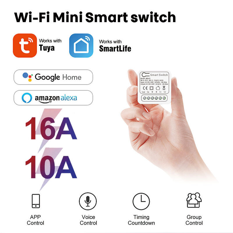 Interruptor Wifi inteligente Tuya Mini 10A, 16A, Control por voz por aplicación, Control Dual, piezas modificadas