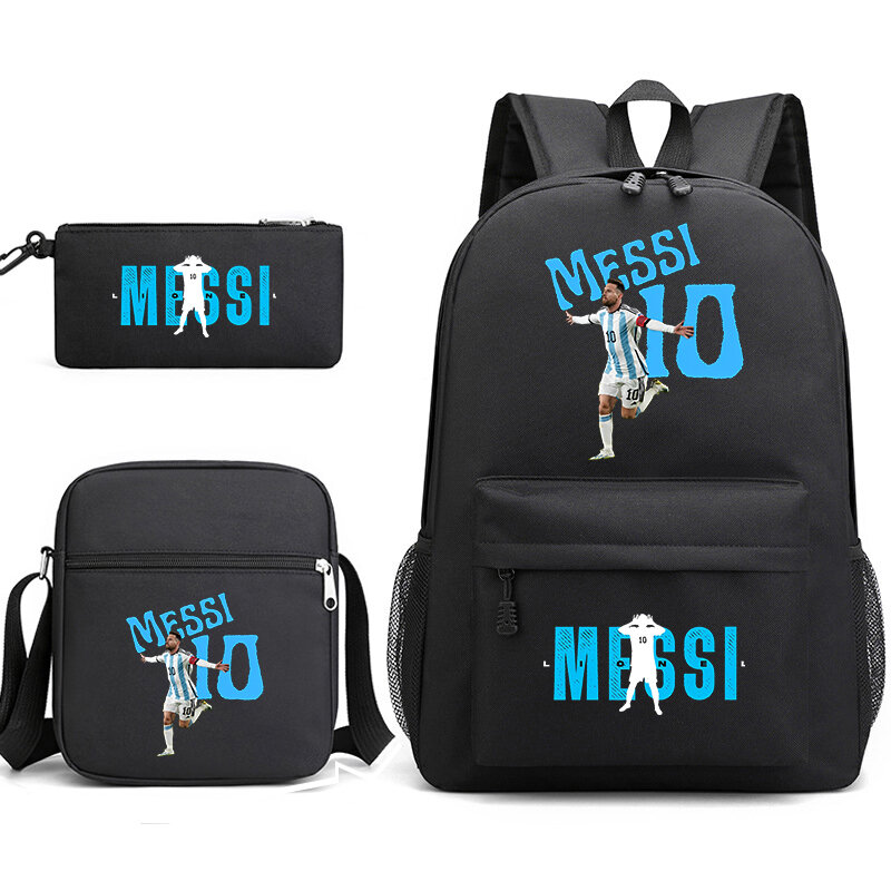 Messi-Conjunto de bolsa escolar para estudiantes, mochila juvenil, bolso de hombro, estuche para lápices, modelo negro, adecuado para niños y niñas, 3 piezas