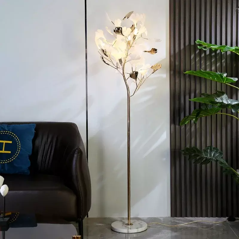Lampu lantai kreatif mewah, lampu berdiri Nordik Modern dengan bentuk bunga Ginkgo, dekorasi rumah ruang tamu kamar tidur