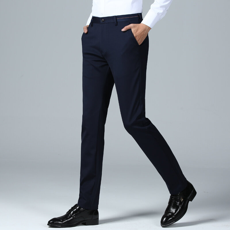 Men's Summer Slim Fit Stretch Suit Pants Outdoor Windproof Solid Color Ice Silk Slacks Men's Comfortable Slacks