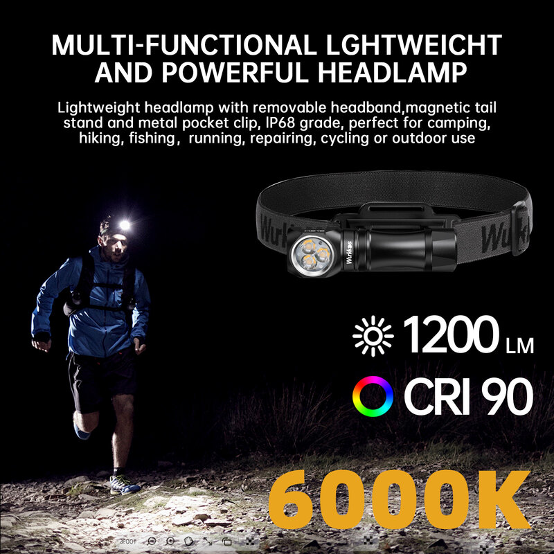 Wurkkos HD10 Farol Recarregável, Tocha para Caminhadas de Pesca, 14500 EDC, 1200Lm, 3x90, CRI LEDs + 3 x RGB Aux LEDs, Anduril 2.0