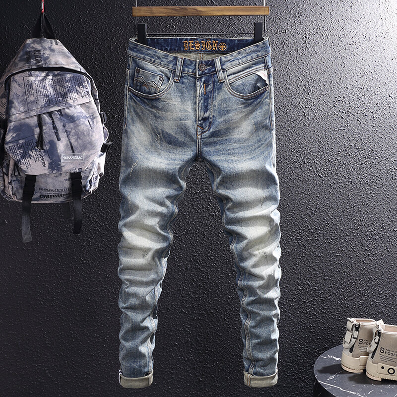 イタリアのスタイルのメンズジーンズ,レトロなブルーの伸縮性のあるタイトなジーンズ,ヴィンテージスタイルのパンツ