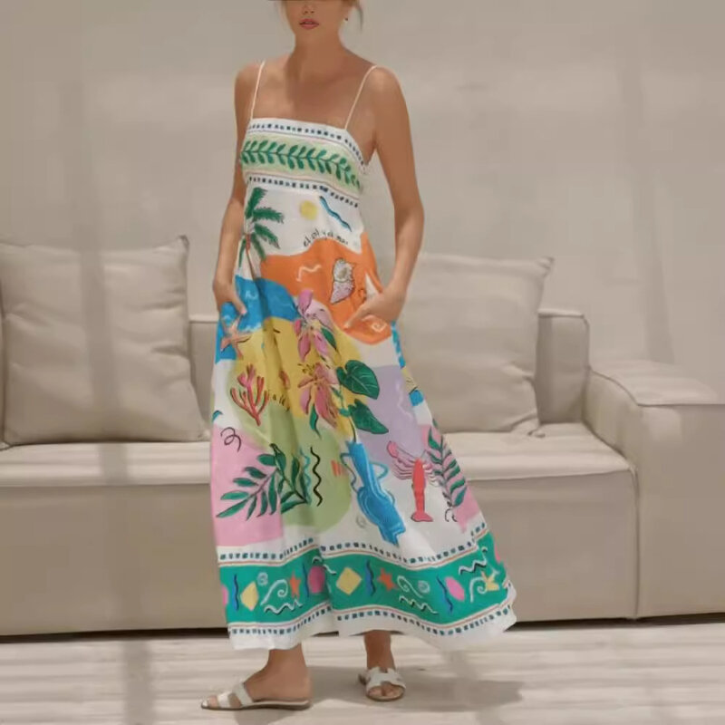Długa sukienka z szelkami bez pleców, damska seksowna sukienka bez rękawów z odkrytymi ramionami 2024, damska wakacyjna szata plażowa, kolorowy nadruk retro