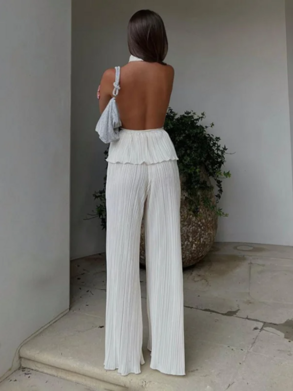 Summer Two Pieces Pant Set Women Sexy Backless Halter Tank Top and Full Length High Waist Wide Leg Pants Pleated Pant Set Women