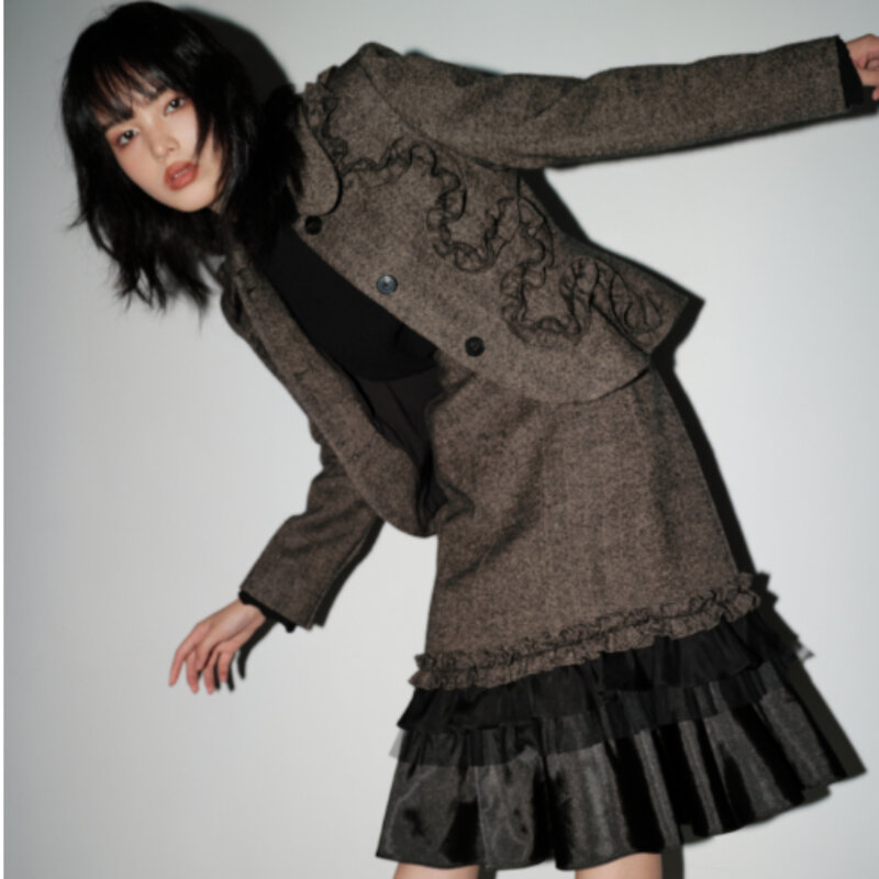 Top Quality Fashion Turn-down Collar Edible Tree Fungus Wool Coats Skirt Sets High Street Style Autumn Winter Women Clothing