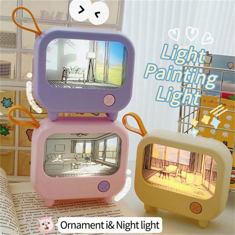 Bonito Pintura TV Night Light LED, 2-Nível de Iluminação, Aprendizagem Table Lamp, Carregamento USB, Mini Desktop Light, Birthday Gift