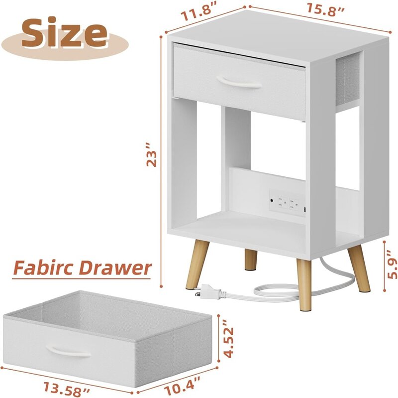 Nightstand with Charging Station and Fabric Drawer, Side Table with Storage for Bedroom, Night Stand with Open