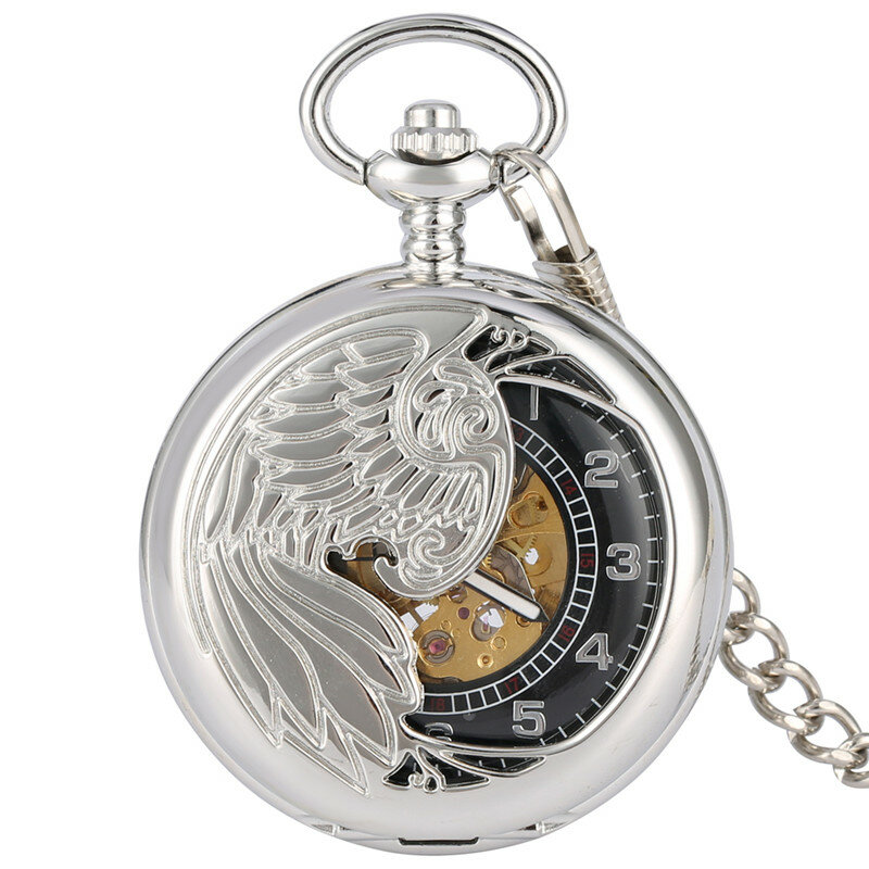 Retro Silver Hollow Phoenix Automatic Mechanical Self Wind Pocket Watch Arabic Number Dial Fob Pendant Chain Watches Clock Gift