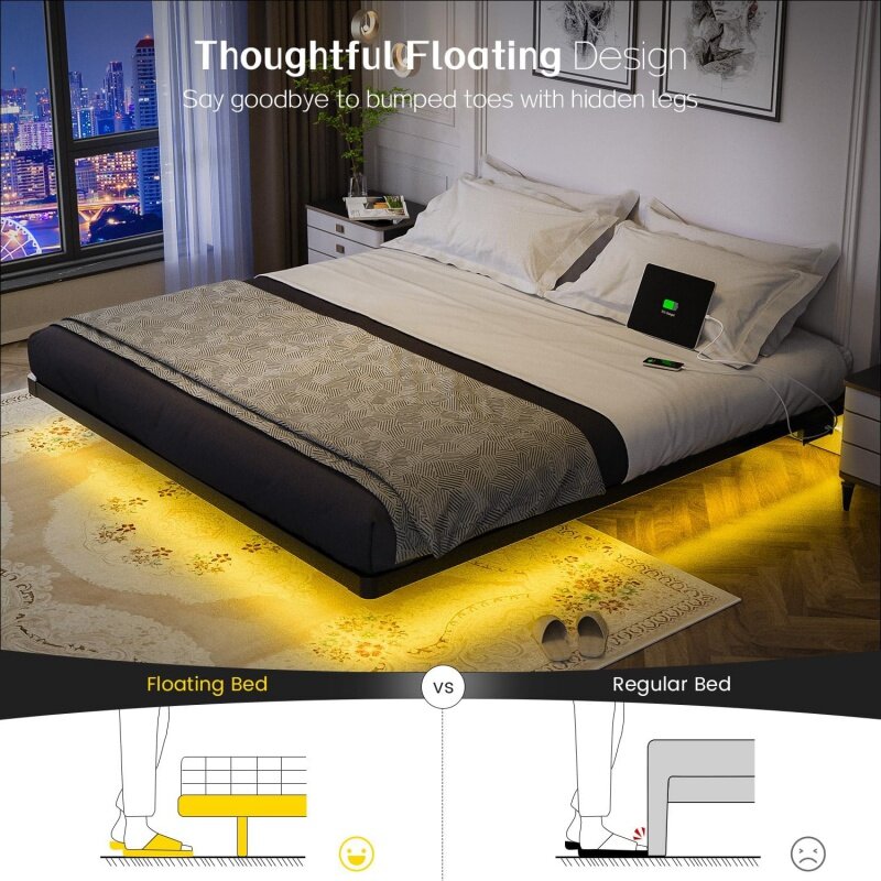 Cadre de lit flottant King Size avec lumières LED et station de charge, plate-forme en métal, aucun ressort de boîte nécessaire, cul facile