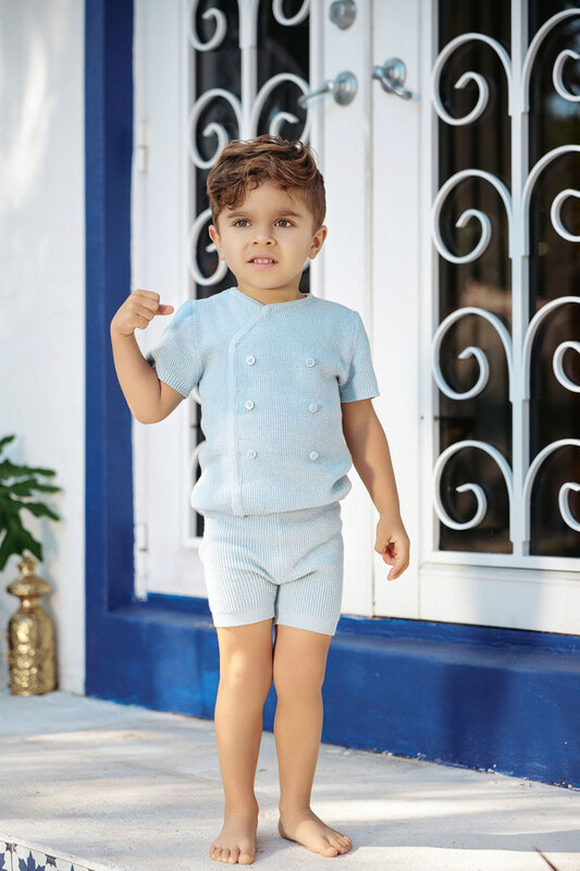 Als 2024 Zomer Blauwe Shabbos Collectie Zus En Broer Bijpassende Kleding 100% Katoenen Gebreide Gebreide Kinderkleding