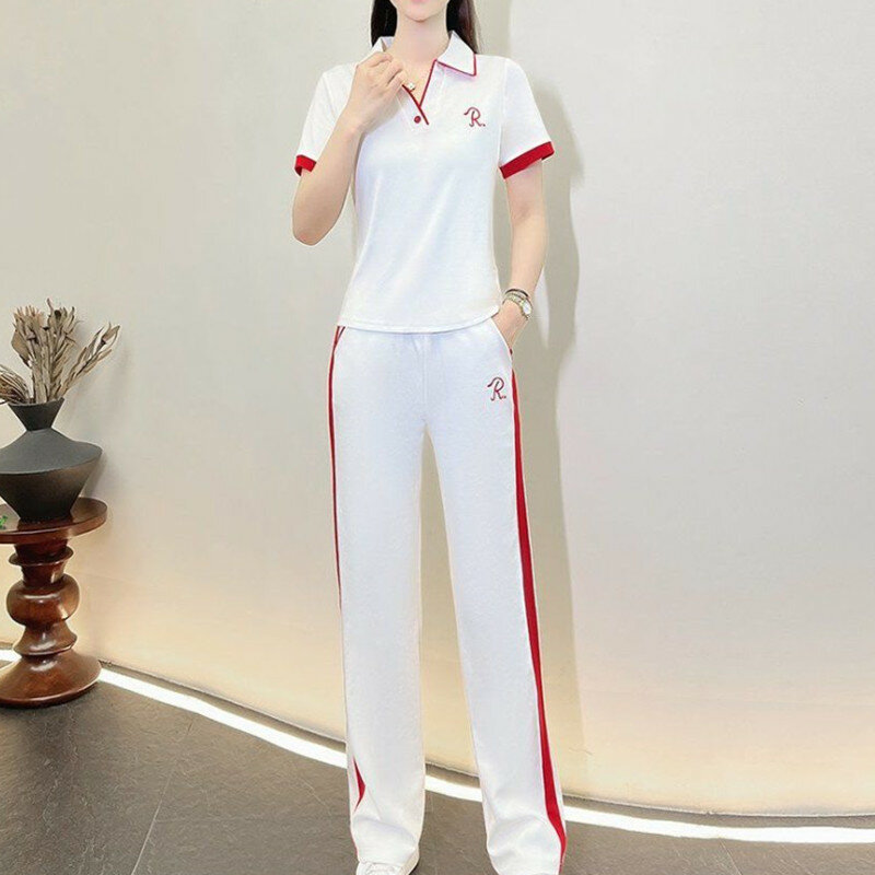 2024 Spring/Summer New Fashion Women's Set R Short Sleeved Wide Legged Pants Casual Two Piece Set Elegance