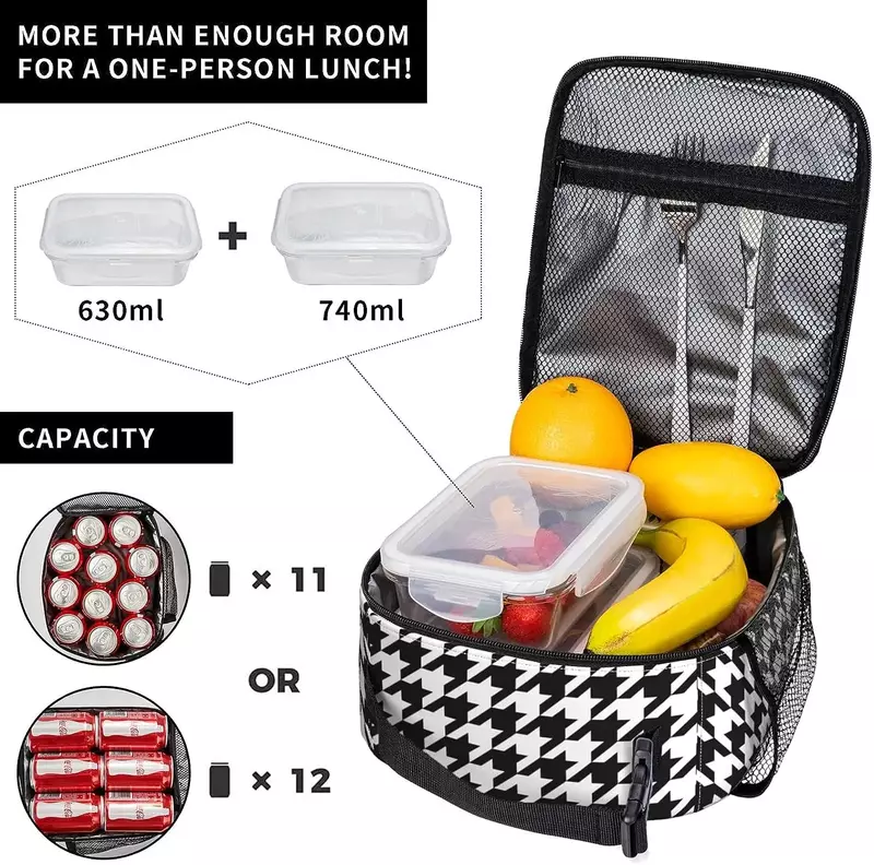 Black and White Houndstooth Lunch Bag Thermal Tote Meal Bag Reusable Insulated Portable Lunch Box Handbags for Work Picnic