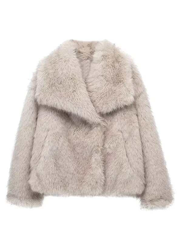 Зимнее Новое модное пушистое пальто из искусственного меха, женское повседневное однотонное теплое пальто с длинным рукавом и отложным воротником, Женская куртка