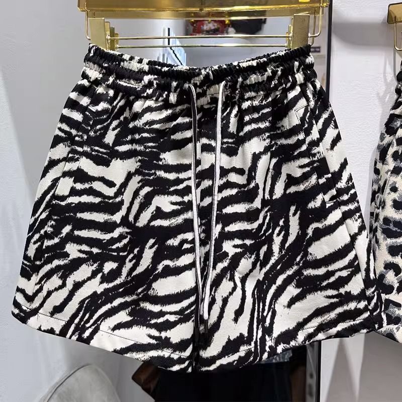 2024 Elastic Waist Leopard Print Shorts Women's Summer High Waist Slim Loose Wide Leg Pants Versatile A-Line Hot Pants Trendy