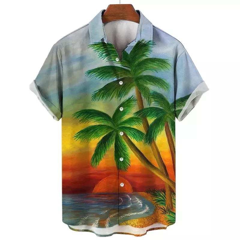 New Hawaiian Men's Shirt Beach Coconut Tree Print Shirt For Men Lopel Neck Button Short Sleeve Top Fashion Male Clothes Blouse
