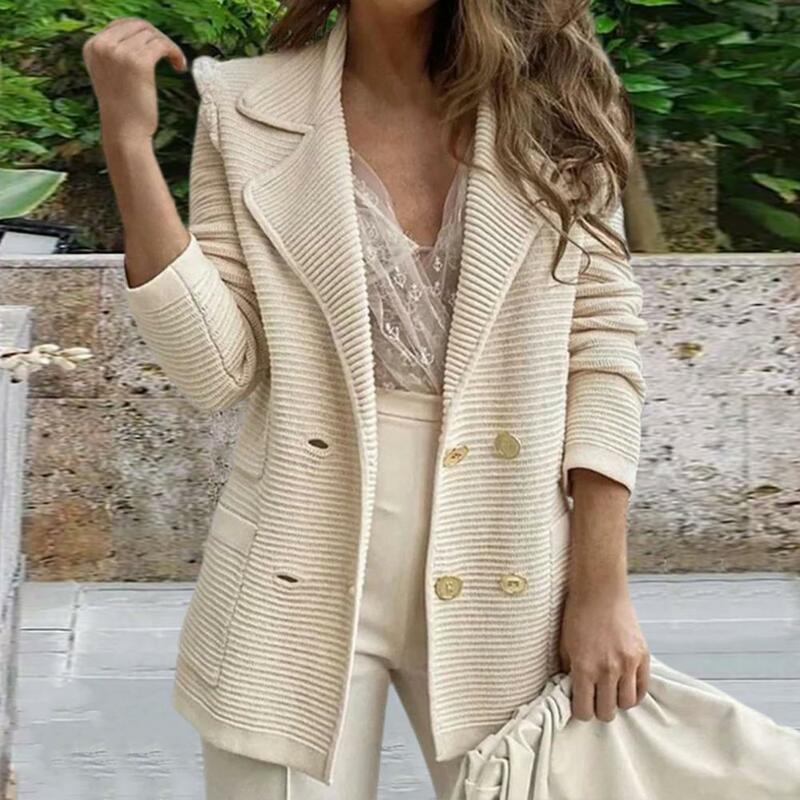 Work Suit Coat Stylish Women's Double-breasted Suit Coat Warm Mid-length Business Jacket with Turn-down Collar Loose Long