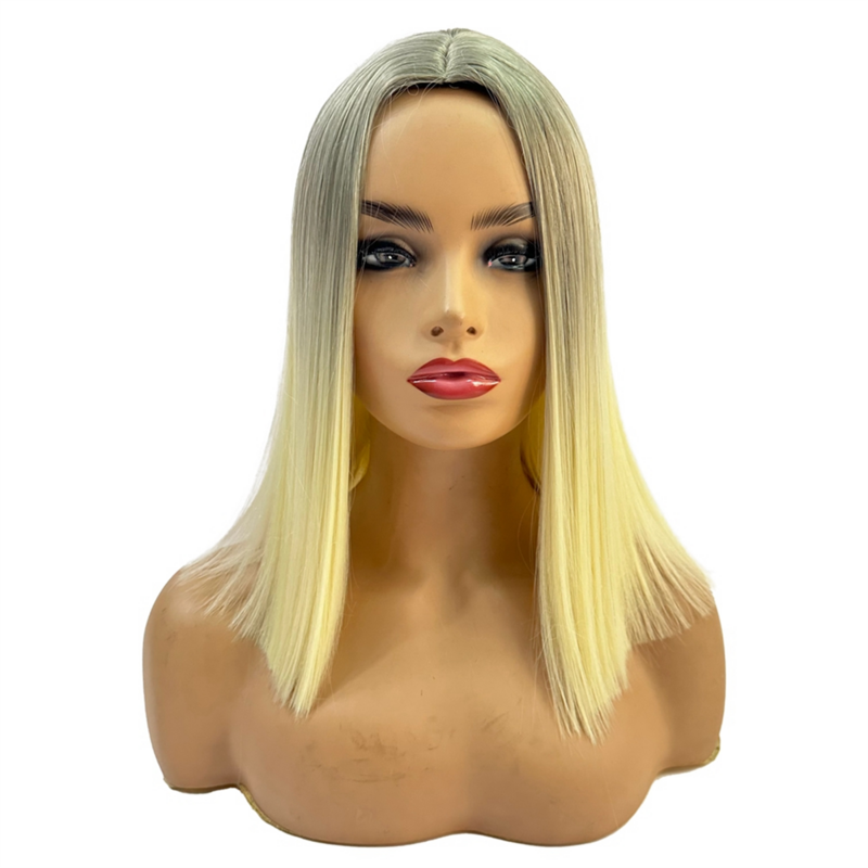 European Straight Chemical Fiber Hair Wig para mulheres, cobertura de cabeça elegante, comprimento médio, loiro