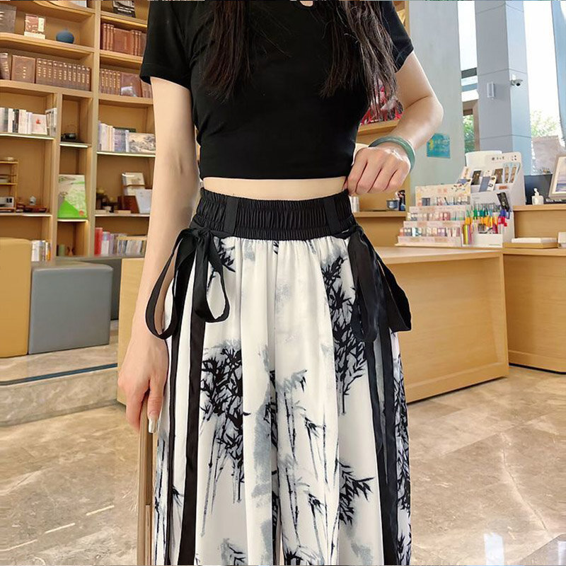 여성용 중국 시크 스타일 잉크 워시 아이스 실크 와이드 레그 팬츠, 캐주얼 드로스트링 포켓, 얇은 Y2k 바지, 40-90Kg, 여름 패션