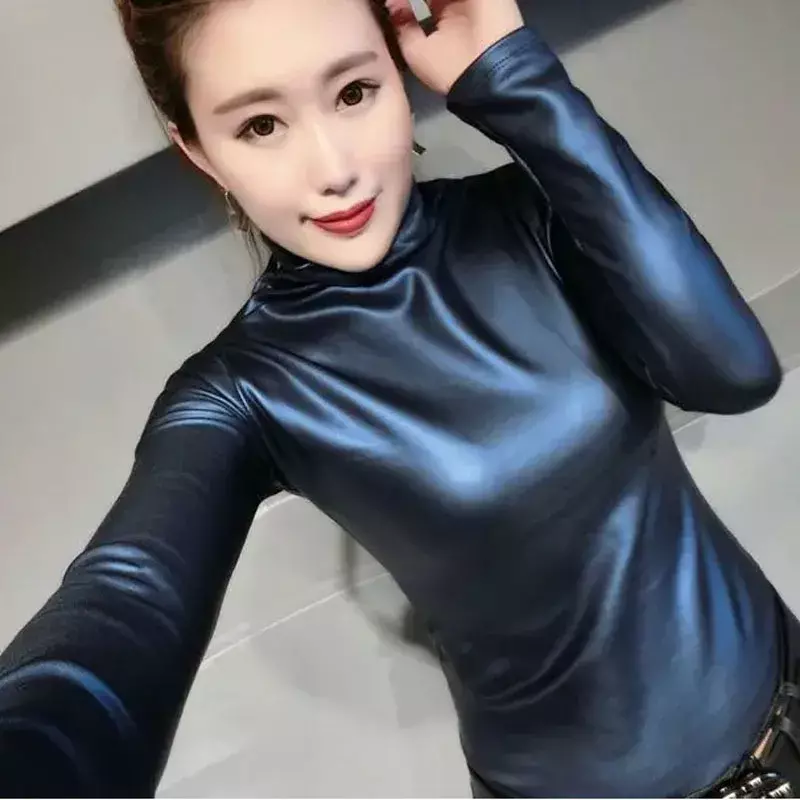 1pcs Women's PU Leather Tops 2024 Winter Faux Fur Color Splicing Turtleneck Thickening Primer Shirts Ladies Skinny Warm Shirt