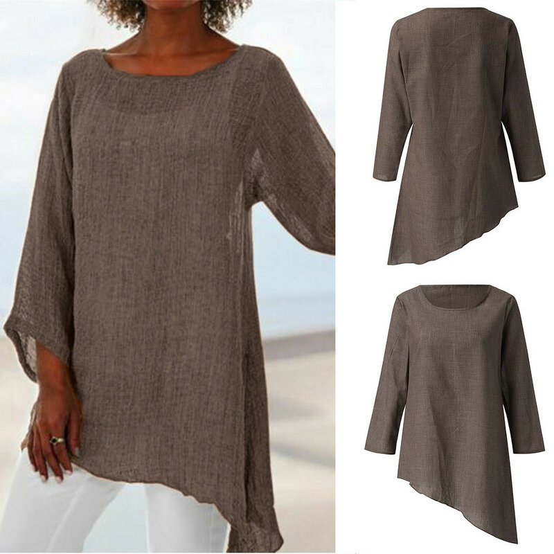 Блузка женская свободного покроя с длинным рукавом, льняная мешковатая Асимметричная рубашка, пуловер, винтажная туника, осень